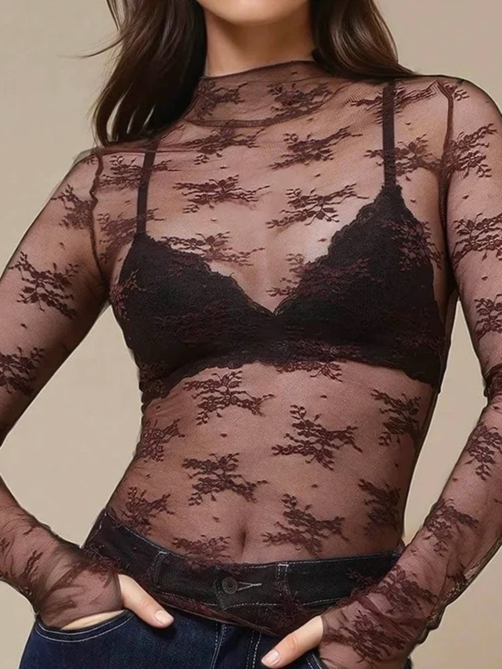 🤎 SweetKama Lux Layering Brown Floral Lace Mesh Top Medium NWT